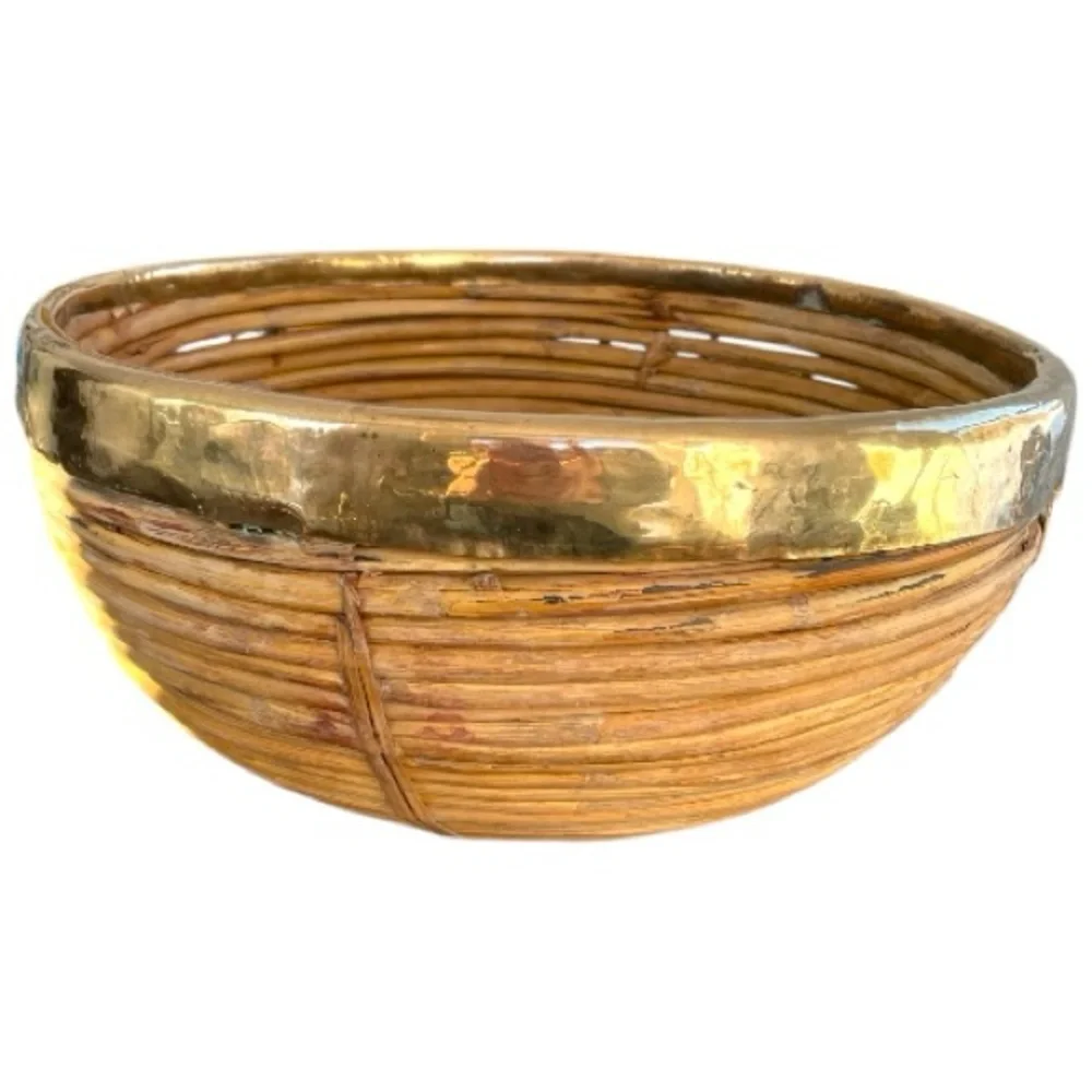 Vintage pencil reed basket with brass trim, handmade, could be polished